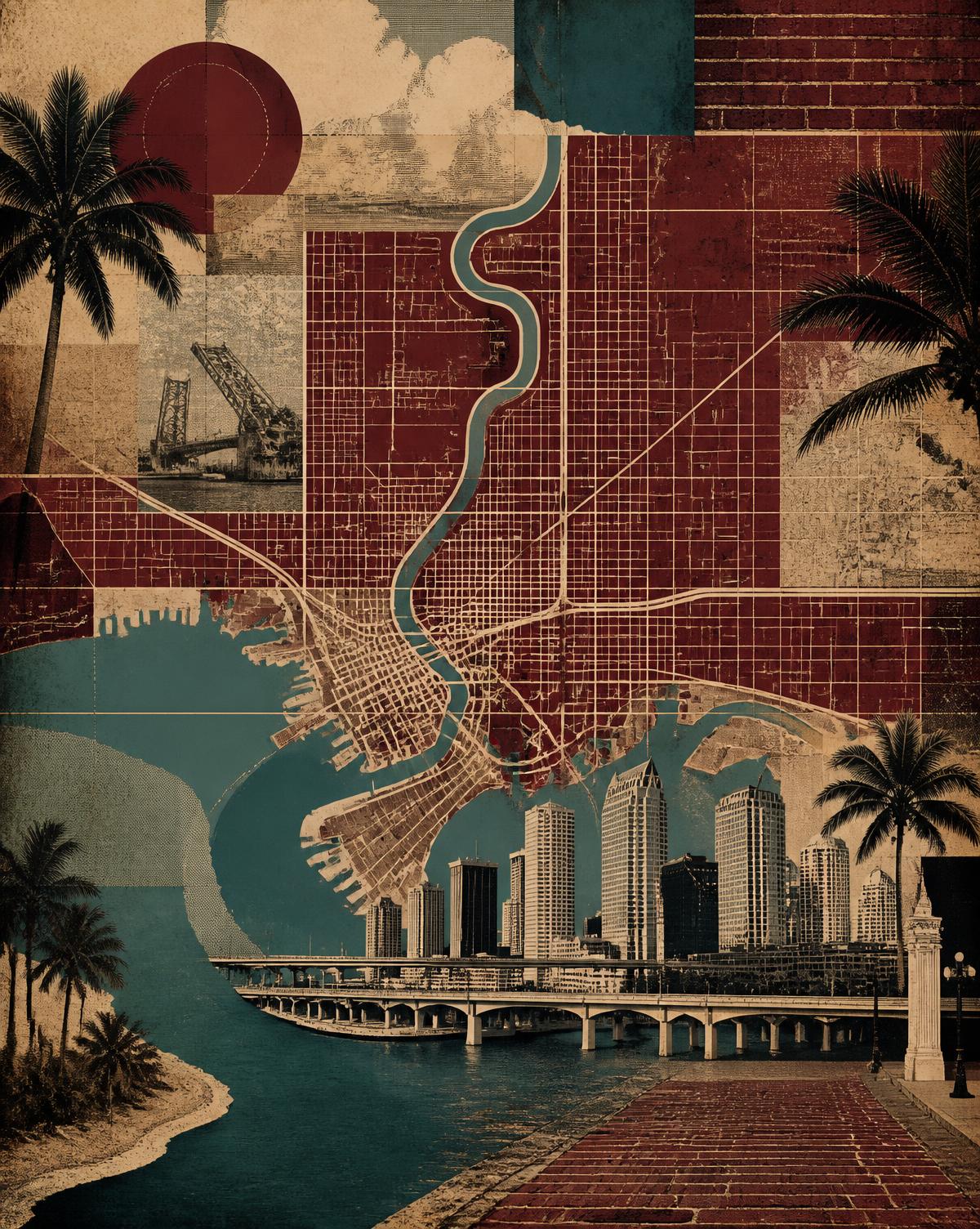Vintage-inspired illustrated map collage of Tampa with downtown, the Hillsborough River, and bayfront landmarks.